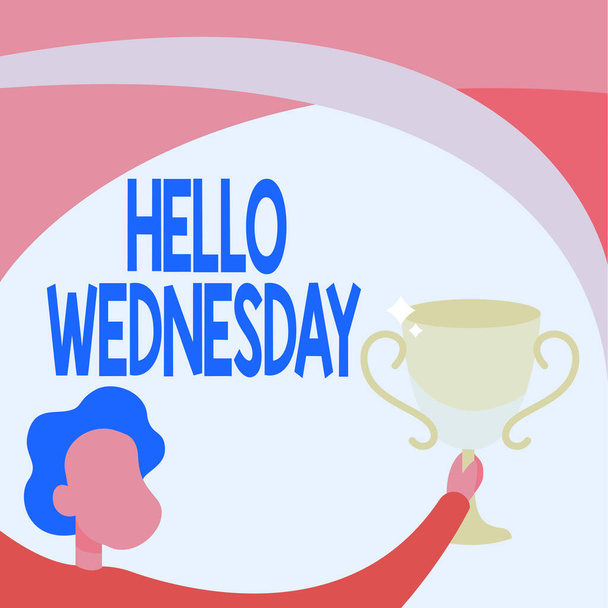 Conceptueel bijschrift Hello Wednesday. Internet Concept Hump day Midden in de werkweek van de kalender Man Holding Trophy Cup Up High Celebrating Victory Achievement. - Foto, afbeelding