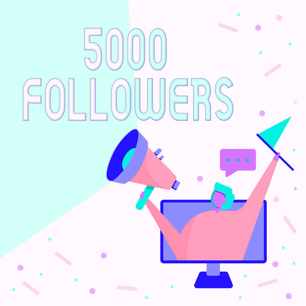 Inspiration showing sign 5000 Followers. Word Written on number of individuals who follows someone in Instagram Lady Inside A Monitor Screen Drawing Holding Megaphone And Flag. - Photo, Image