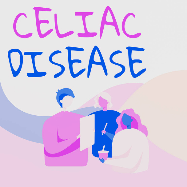 Handschrift tekst Celiac Disease. Bedrijfsconcept auto-immuunziekte die voornamelijk invloed heeft op de dunne darm Collega 's staande praten met elkaar Holding Paper Pen Cup. - Foto, afbeelding