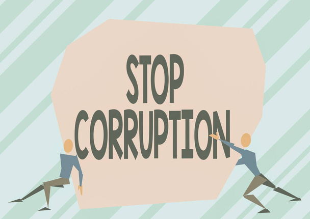 Tekst pokazujący inspirację Stop korupcji. Koncepcja oznacza położyć kres nadużywaniu powierzonej władzy dla zysku prywatnego Dwóch mężczyzn Ilustracja próbuje podnieść bardzo dużą skałę, aby uwolnić drogę. - Zdjęcie, obraz