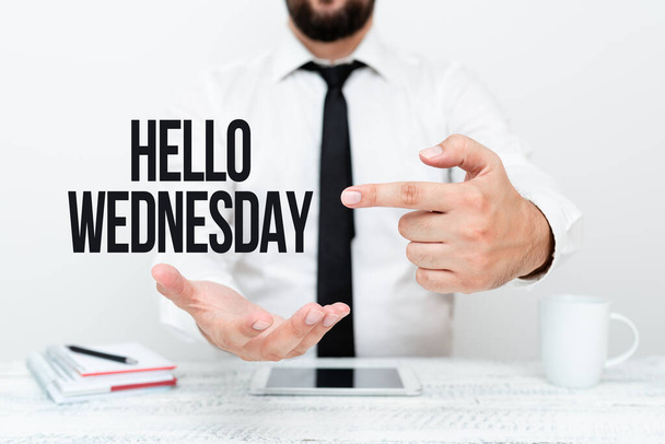 Text showing inspiration Hello Wednesday. Business showcase Hump day Middle of the working week of the calendar Presenting Communication Technology Smartphone Voice And Video Calling - Photo, Image
