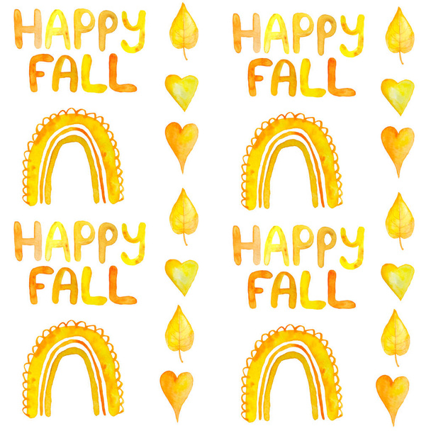 Watercolor hand drawn seamless pattern with fall leaves maple leaf in yellow orange colors. Autumn rainbow motives bright vibrant abstract elements and hearts. For wallpaper wrapping paper textile - Photo, Image