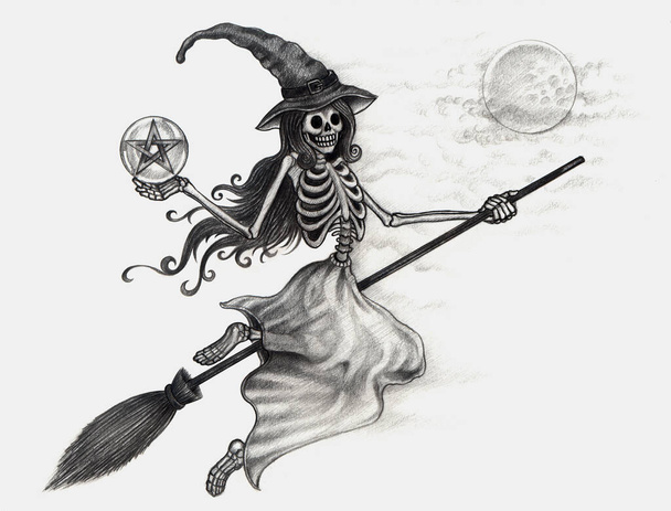 Art fantasy boszorkány koponya halloween nap.Kézrajz papírra. - Fotó, kép