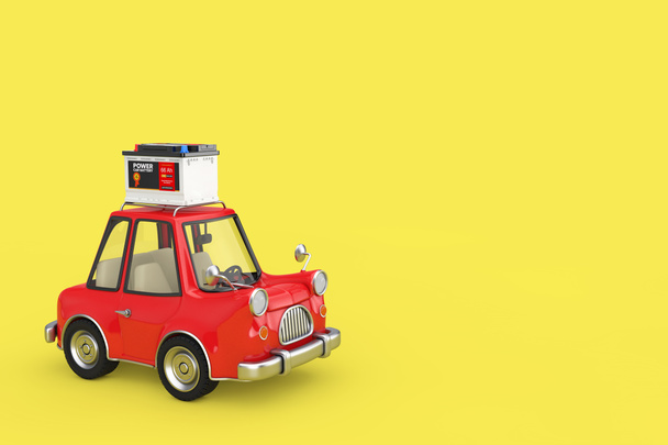 Oplaadbare autobatterij 12V accu met abstract label met rode cartoon auto op een gele achtergrond. 3d Rendering - Foto, afbeelding