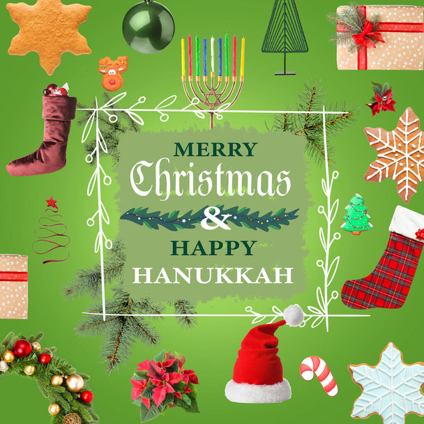 ハッピーハヌッカとメリークリスマスのための美しいグリーティングカード - 写真・画像