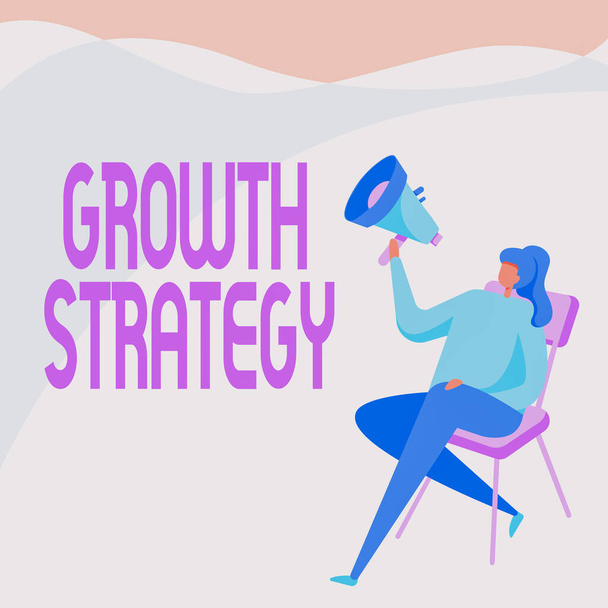 Inspiration showing sign Growth Strategy. Business showcase Strategy aimed at winning larger market share in shortterm Woman Drawing Holding Megaphone Sitting On A Chair Crossed Legs. - Photo, Image
