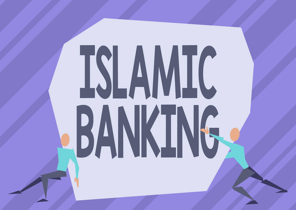 Konzeptionelle Zurschaustellung Islamic Banking. Geschäftsmodell Bankensystem basiert auf den Prinzipien des islamischen Rechts Zwei Männer Illustration beim Versuch, extra große Felsen zu heben, um den Weg frei zu machen. - Foto, Bild