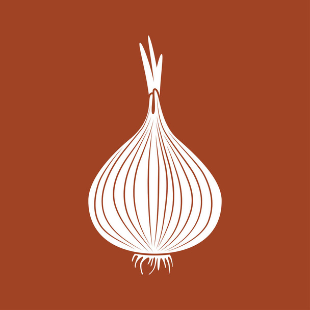 Onion icon. White silhouette of an onion. A delicious and healthy vegetable used for cooking various dishes as an ingredient and spice. Vector illustration isolated on a brown background for design and the Internet. - Vecteur, image