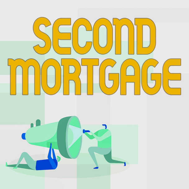 Hand writing sign Second Mortgage. Concept meaning lien on property which is subordinate to more senior one Workers Drawing Helping One Other With Flashlight To Fix Megaphone. - Photo, Image