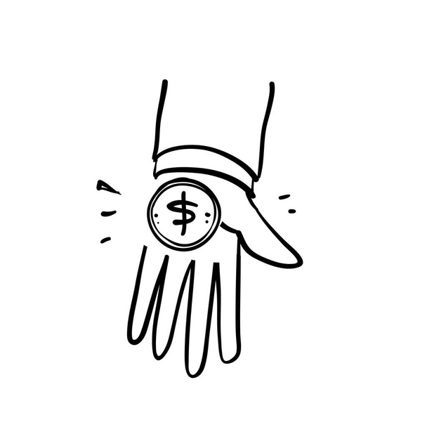 handgetekende doodle munt op palm hand illustratie vector geïsoleerd - Vector, afbeelding