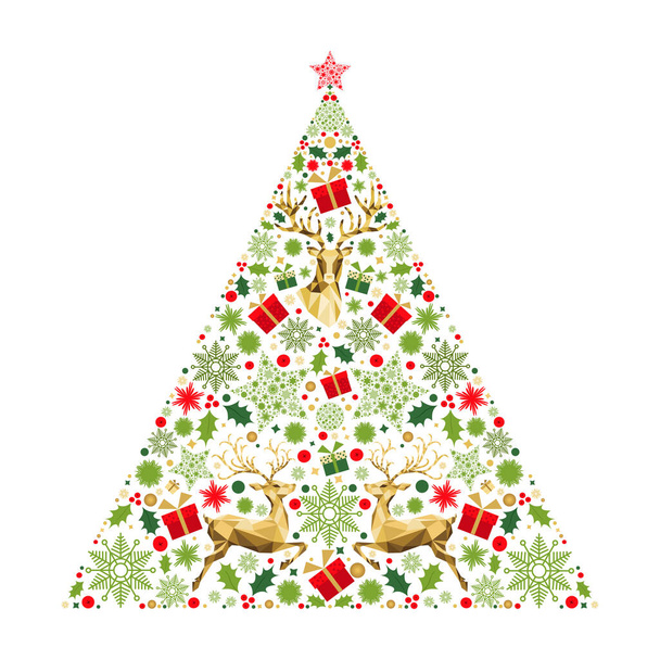 Christmas tree.  Golden, red, green, white  decoration. Happy New Year background. Colorful  pattern with gold Xmas  reindeer, gifts,  snowflakes. Vector  greeting  card. - Vector, Imagen