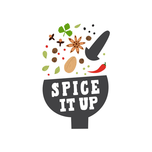 Spice It Up lettering poster for kitchen. Flat hand drawn spices with mortar and pestle vector illustration. - Vector, Image