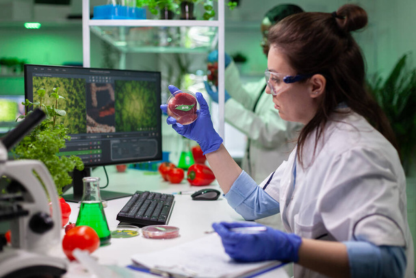 Bióloga investigadora mujer escribiendo experiencia gmo mientras sostiene placa petri con carne de res bio - Foto, Imagen