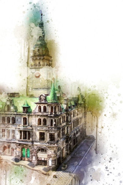 A városháza egy tiszta napon. Klodzko, Lengyelország, művészeti illusztráció retro vintage antik vázlat - Fotó, kép