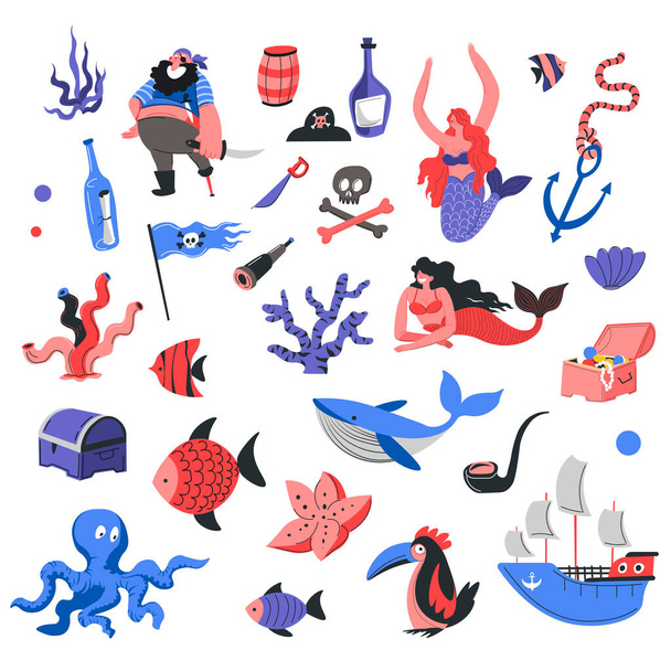 Sea and marine life, pirates and underwater life - Vector, imagen