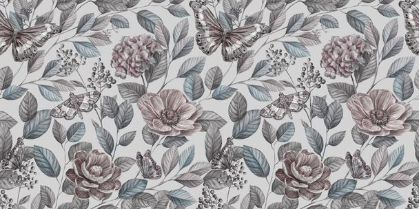 Floral seamless graphic pattern with vintage peonies, hydrangea, anemone, leaves and other flowers. Hand-drawn. Glamorous design. Good for production wallpapers, cloth and fabric printing.  - 写真・画像