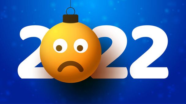Поздравительная открытка на 2022 год с грустным смайликом, висящим на нитке, как рождественская игрушка, шарик или безделушка. Концептуальная векторная иллюстрация нового года - Вектор,изображение
