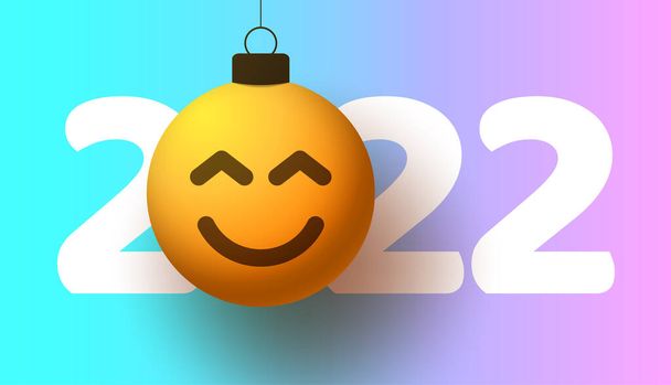 Greeting card for 2022 new year with smiling emoji face that hangs on thread like a christmas toy, ball or bauble. New year emotion concept vector illustration - Vector, Image