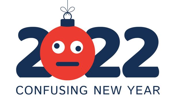 Cartão de saudação para 2022 ano novo com rosto emoji confuso que pendura na linha como um brinquedo de Natal, bola ou bugiganga. Ano Novo emoção conceito vetor ilustração - Vetor, Imagem