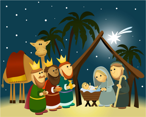 Kutsal Aile ile karikatür doğum sahnesi - Vektör, Görsel