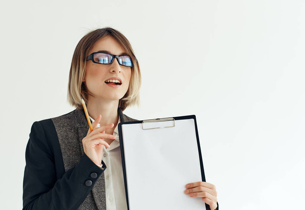 Business woman with folder in hands blank sheet Copy Space - Photo, Image