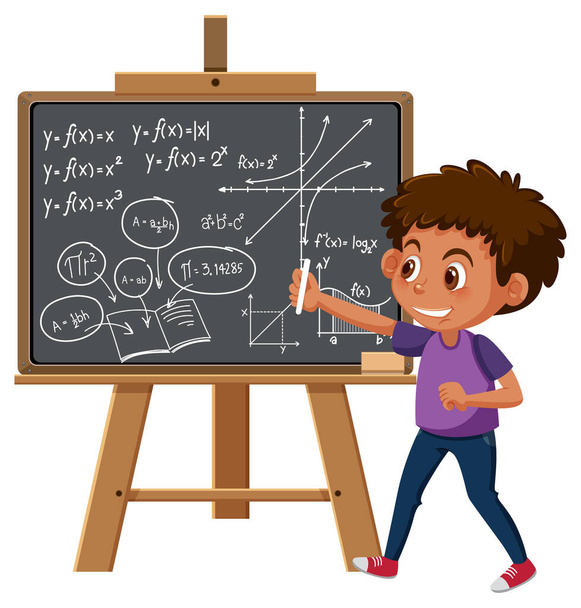 Boy writing math formula on blackboard illustration - Vector, Image