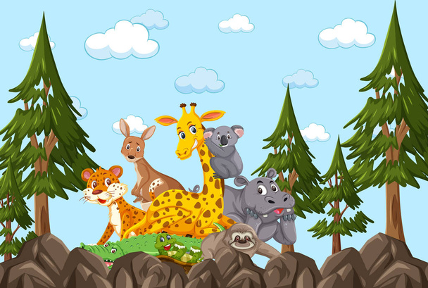 Группа диких животных на иллюстрации лесной сцены - Вектор,изображение