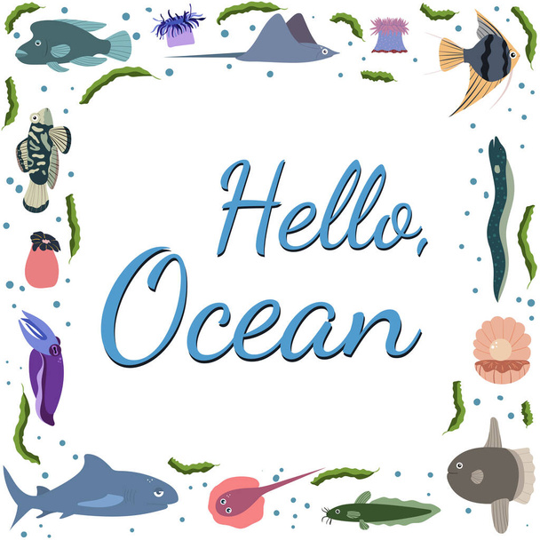 Frame template with cartoon sea animals. Ocean background with square silhouette. - Вектор, зображення