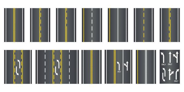 Sada silnic s různými bílými a žlutými značkami na bílém pozadí. Bezešvé typy silnic. Highway Top View. Vektorová ilustrace - Vektor, obrázek