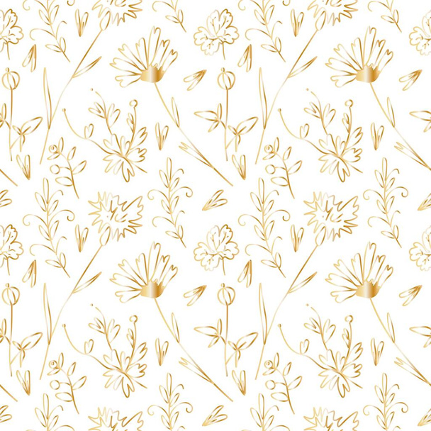 白い隔離された背景に金線の庭の花とベクトルシームレスなパターン。花のプリント手塗装。包装紙、包装、織物、生地、背景、壁紙、スクラップブック紙のためのデザイン. - ベクター画像
