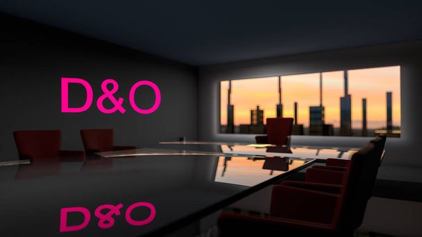 D és O Igazgatók és tisztek felelőssége Biztosítási koncepció. Igazgatói iroda egy nagy asztallal és felhőkarcolókkal az ablak előtt. 3D-s renderelés - Fotó, kép