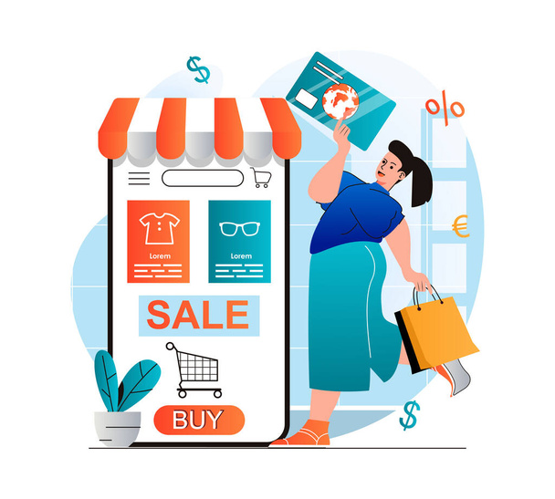 Online εμπορική έννοια στη σύγχρονη επίπεδη σχεδίαση. Γυναίκα αγοράζουν και να πληρώνουν για τα προϊόντα σε εφαρμογή για κινητά με πιστωτική κάρτα. Πελάτης κάνει επικερδείς αγορές στην ιστοσελίδα του καταστήματος. Εικονογράφηση διανύσματος - Διάνυσμα, εικόνα