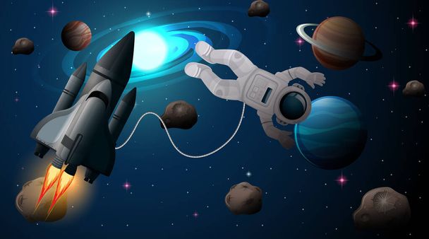 Astronauta i statek kosmiczny w przestrzeni ilustracji sceny - Wektor, obraz