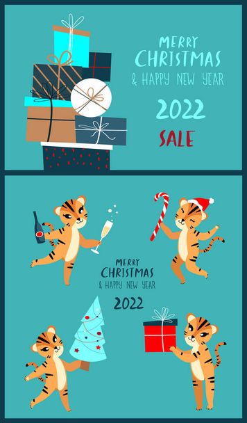 Natal, Feliz Ano Novo Cartões Set.Cute Cartoon Tigers.Dancing Jumping Celebrating Cats.Chinese 2022 Symbol. Animal de férias bonito engraçado. Caixas de presente festivas, presentes. Vetor de inverno de férias - Vetor, Imagem