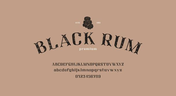 Decoratief serieflettertype voor alcohollabel en -logo. Typeface met ruwe textuur. Vectorillustratie - Vector, afbeelding