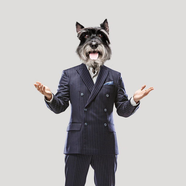 Contemporary artwork, conceptual collage. Man headed by dog head. Trendy colors. - Foto, Bild