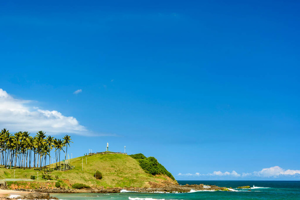 Salvadorin kaupungin merenranta Bahiassa kookospuiden ja kirkkaiden vesien kanssa kauniina trooppisena aurinkoisena päivänä. - Valokuva, kuva