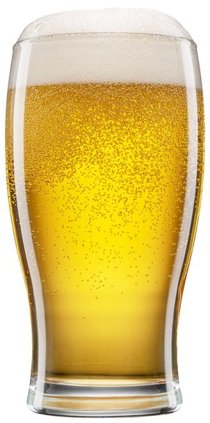 Glass of beer with white foam and gas bubbles isolated on white background. File contains clipping path. - Photo, image