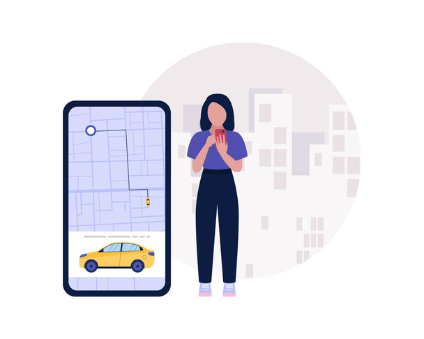 Taxi service concept. Character using online taxi service. Landing page - Вектор, зображення