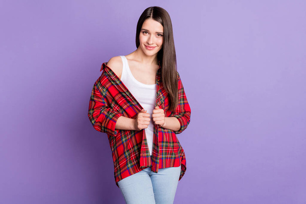 Photo of cool brunette hairdo millennial lady wear red shirt jeans isolated on purple color background - Valokuva, kuva