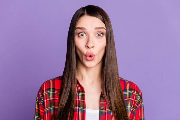 Photo of hooray brunette millennial lady look wear red shirt isolated on purple color background - Fotografie, Obrázek