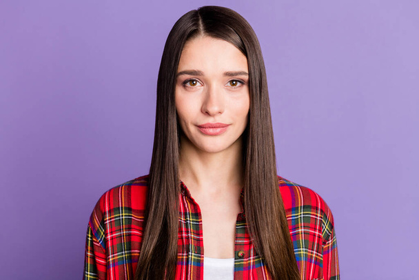 Photo of nice long hairdo millennial lady wear red shirt isolated on violet color background - Fotografie, Obrázek