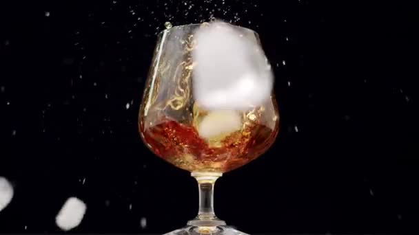 bevanda alcolica forte Whisky, Brandy, Cognac in vetro con cubetti di ghiaccio cadono - Filmati, video