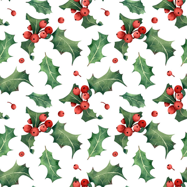 シームレスなクリスマスホリーベリーパターン。緑の葉、新しい年と冬の休日の装飾のための赤いベリー、繊維、包装紙と水彩の背景 - 写真・画像