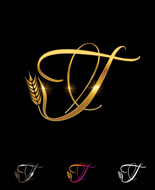 Kultainen vehnä ja viljan monogrammi alkuperäinen kirjain T - Vektori, kuva