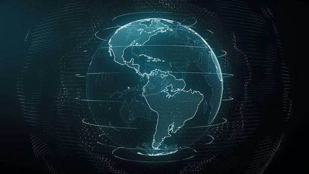 Futuristic cyan digital Earth America skyline. Global data network around planet in modern age. Worldwide internet and blockchain. Technology, connectivity, science and business concept 3D render - Φωτογραφία, εικόνα