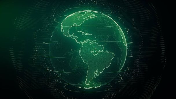 Futuristic green digital Earth America skyline. Global data network around planet in modern age. Worldwide internet and blockchain. Technology, connectivity, science and business concept 3D render - Photo, image