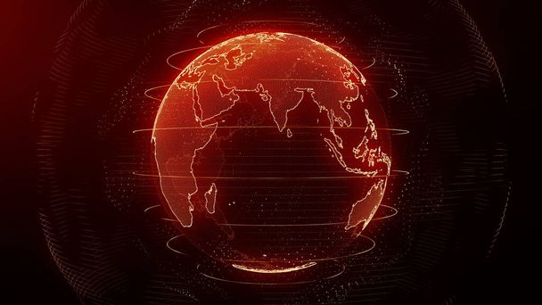 Futuristic red digital Earth Asia skyline. Global data network around planet in modern age. Worldwide internet and blockchain. Technology, connectivity, science and business concept 3D render - Φωτογραφία, εικόνα