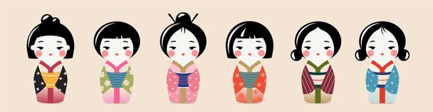 Set de muñecas Kokeshi japonesas tradicionales lindas. Kawaii chicas asiáticas en kimono. Colección de ilustración aislada vectorial. - Vector, Imagen