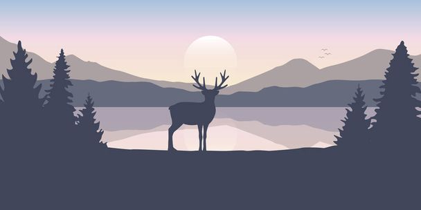 reindeer by the lake at sunrise wildlife nature landscape - Вектор, зображення